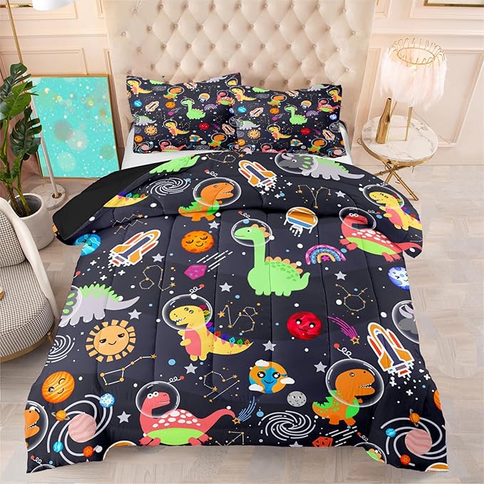 Cartoon Dinosaur Comforter Set - Boys Full Size Dinosaur Bedding Set for Bedroom Dinosaur Quilt with 2 Pillowcases for Kids Girls Boys Room Decor Lightweight Dino Comforter for All-Season, 3 Pieces