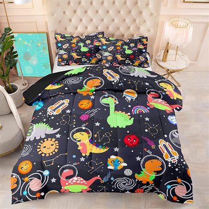 Cartoon Dinosaur Comforter Set - Boys Full Size Dinosaur Bedding Set for Bedroom Dinosaur Quilt with 2 Pillowcases for Kids Girls Boys Room Decor Lightweight Dino Comforter for All-Season, 3 Pieces