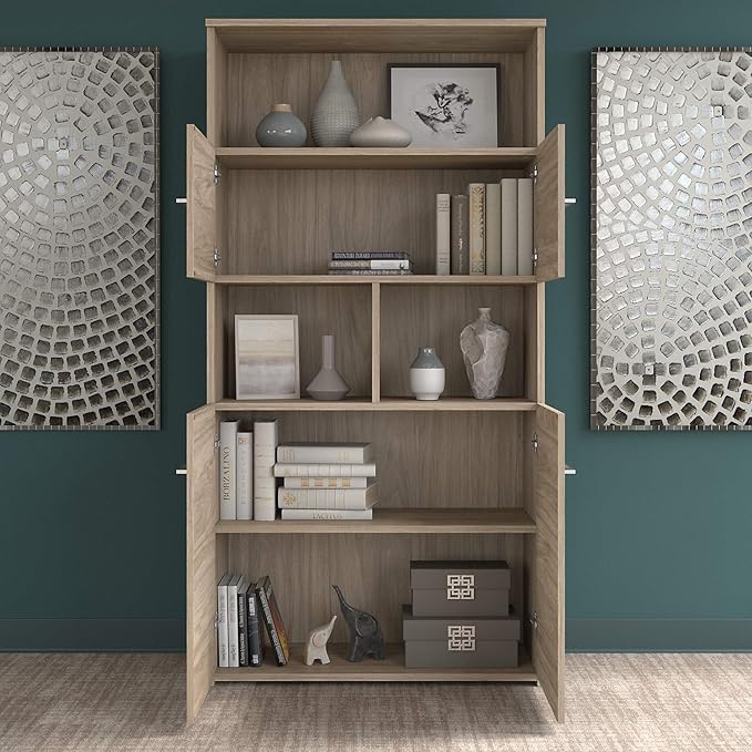Bush Business Furniture Office 500 72W Height Adjustable Standing Desk with Storage and Bookcase in Modern Hickory