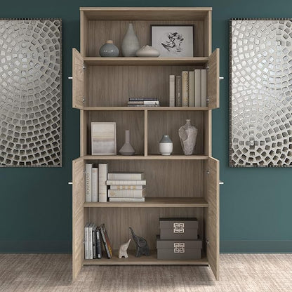 Bush Business Furniture Office 500 72W Height Adjustable Standing Desk with Storage and Bookcase in Modern Hickory
