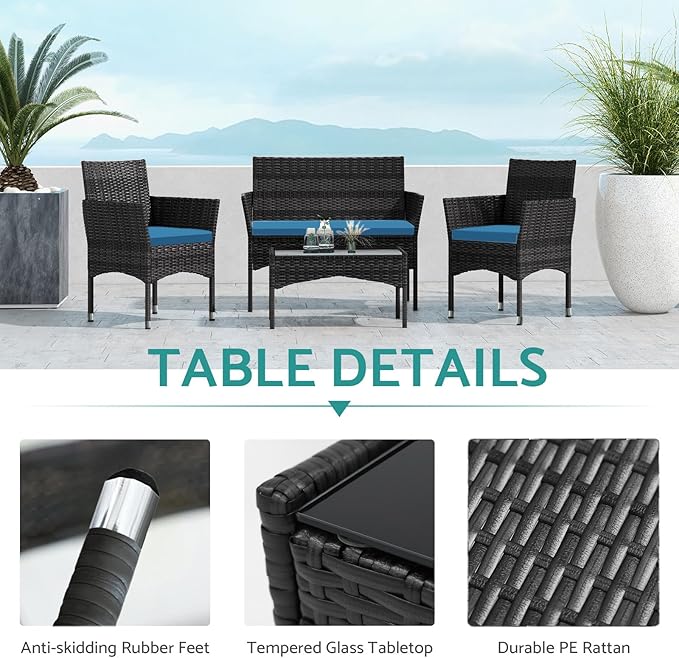 Patio Furniture, 4 Piece Conversation Set, Outdoor Wicker Rattan Table and Chairs, Sectional Sofa with Thick Cushion for Garden, Yard, or Porch, Black