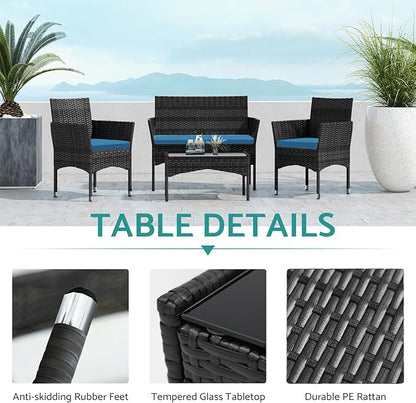 Patio Furniture, 4 Piece Conversation Set, Outdoor Wicker Rattan Table and Chairs, Sectional Sofa with Thick Cushion for Garden, Yard, or Porch, Black