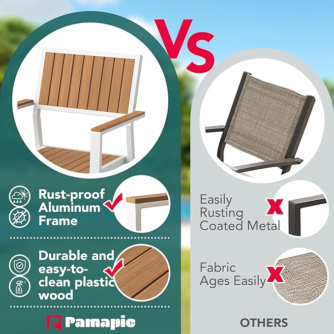 Pamapic 8-Piece Patio Dining Set，Outdoor Aluminum Furniture Set with Plastic-Wood Table Top,Outdoor Furniture Set with 6 Outdoor Stackable Chairs for Patio Garden Poolside (White)