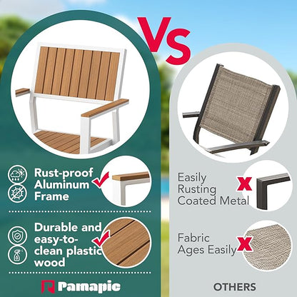Pamapic 8-Piece Patio Dining Set，Outdoor Aluminum Furniture Set with Plastic-Wood Table Top,Outdoor Furniture Set with 6 Outdoor Stackable Chairs for Patio Garden Poolside (White)