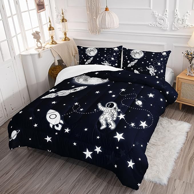 Datura home Kids Comforter Set Astronaut Space Rocket Printed Pattern Quilt Bedding Set with 1 Comforter and 2 Pillowcases for Girls Bedroom All Season(Space Rocket Queen), Queen 90x90inches