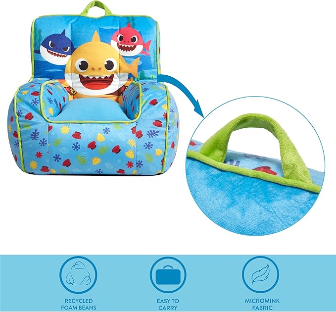 Idea Nuova Baby Shark Kids Mink Plush Bean Bag Chair with Piping & Top Carry Handle, Large