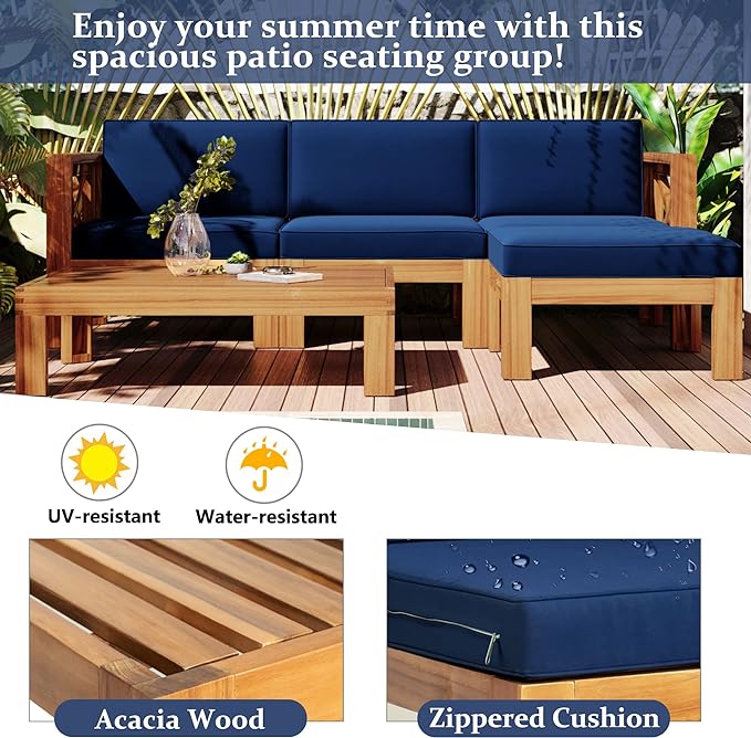 5-Piece Outdoor Patio Furniture Sectional Sets, Wooden L-shaped Corner Sofa Seating with Tea Table and Removable, Backyard Gardern Deck, Natural Finish+ Blue Cushions