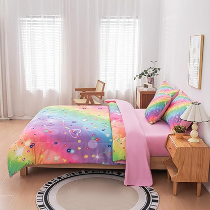 Twin Comforter set for Girls, Tie Dye Rainbow Comforter Twin, 6 Pcs Girls Bed in a Bag Twin, Kids Comforter Sets for Girls(1Comforter, 1Flat Sheet, 1Fitted Sheet, 1 Pillow Cover, 2Pillowcases)
