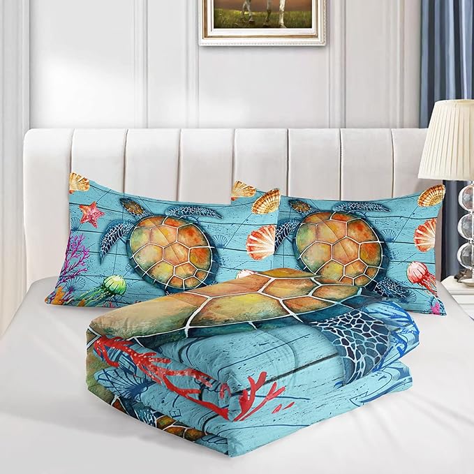 Datura home Sea Turtle Bedding Comforter Set Sea Turtle Ocean Beach Printed Pattern Bedding Set with 1 Comforter and 2 Pillowcases for Boys Bedroom All Season(Sea Turtle Queen), Queen 90x90inches
