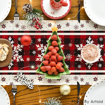 Artoid Mode Buffalo Plaid Snowflakes Christmas Table Runner, Seasonal Winter Kitchen Dining Table Decoration for Home Party Decor 13x90 Inch