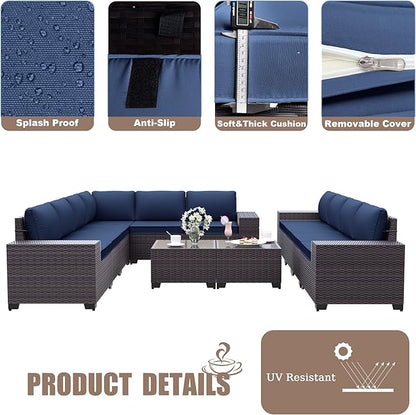 Patio Furniture Set Sofa 12-Pieces Wicker Sectional Sofa Set, Outdoor Furniture Rattan Patio Conversation Set with Thickened Cushions and Glass Coffee Table, Navy Blue