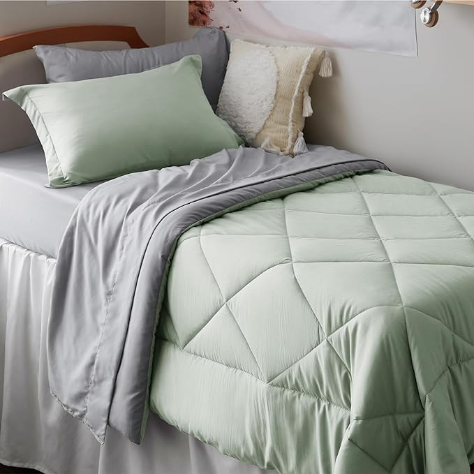 Bedsure Sage Green Twin XL Comforter Sets - 5 Pieces Reversible Twin XL Bedding Sets, Bed Sets Comforters, Sheets, Pillowcase & Sham, Grey XL Twin Bed in a Bag for College