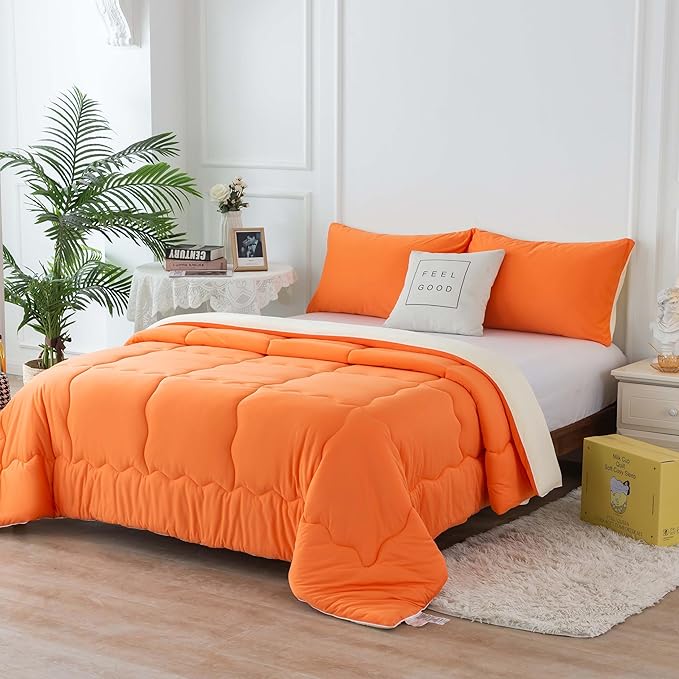 COTTEBED Reversible Ultra-Soft Bright Orange and Beige Comforter Set Queen, Jersey Knit T-Shirt Feel Bedding Blanket Down Conforters Sets & Pillowsham for Men Women All Season Use, Full/Queen Size Bed