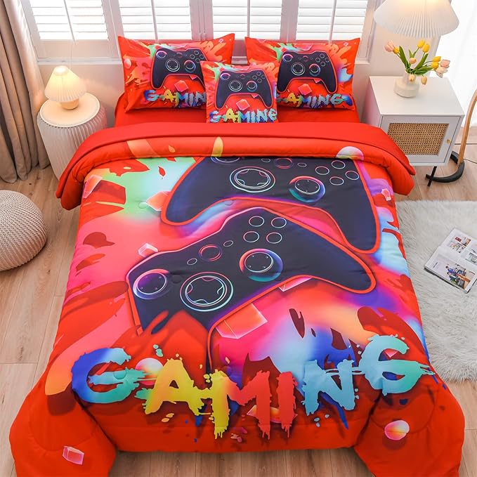 Aimuan Gaming Comforter Sets for Boys Kids Bedding Sets Video Games Console Action Buttons Novelty Colorful Game Gamepad Controller Modern Gamer Room Decor Home Quilt Set (Queen 6 Pcs,Red)