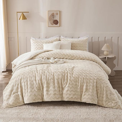 Andency Beige Fleece Comforter Set Queen Size, 3 Pieces Shaggy Faux Fur Bedding Comforter Set for Queen Bed, Fuzzy Plush Warm Sherpa Bed Comforter Set for Women Man