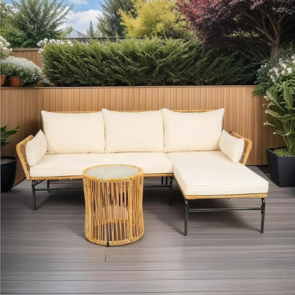 3-Piece Outdoor PE Rattan Furniture Set, Patio Wicker Conversation Loveseat Sofa Sectional Couch with Thick Cushion for Backyard, Deck, Poolside, Zn-Light Yellow