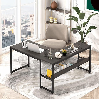 L Shaped Desk, Office Computer Corner Desk, 55 inch Home Gaming Desk Table, Writing Study Workstation with Storage Shelves for Home Office, Space-Saving, Industrial, Espresso