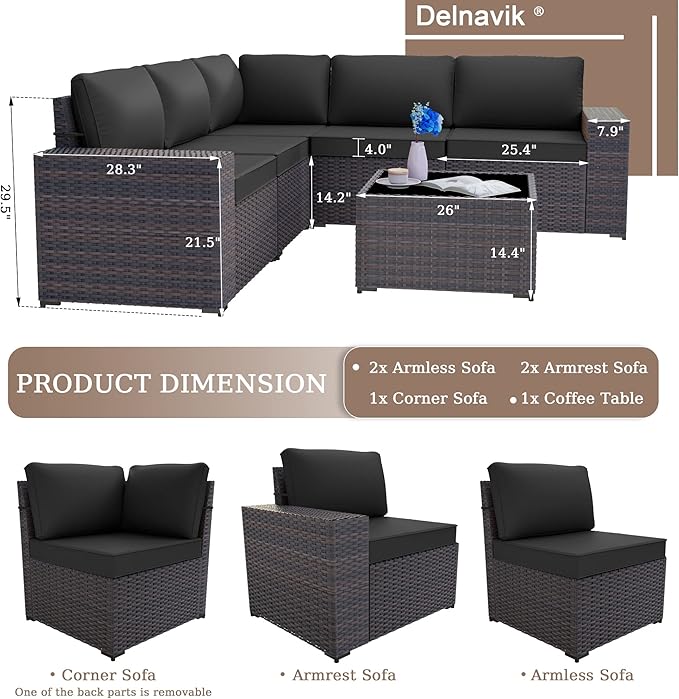 Patio Furniture Set Sofa 6-Pieces Wicker Sectional Sofa Set, Outdoor Furniture Rattan Patio Conversation Set with Thickened Cushion and Glass Coffee Table, Black