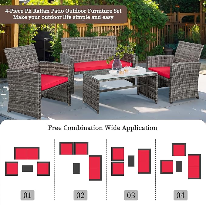 Shintenchi 4-Piece Outdoor Gray Wicker Patio Conversation Furniture Set, Rattan Patio Furniture Set with Weather Resistant Cushions and Tempered Glass Tabletop,Red