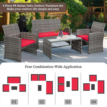 Shintenchi 4-Piece Outdoor Gray Wicker Patio Conversation Furniture Set, Rattan Patio Furniture Set with Weather Resistant Cushions and Tempered Glass Tabletop,Red