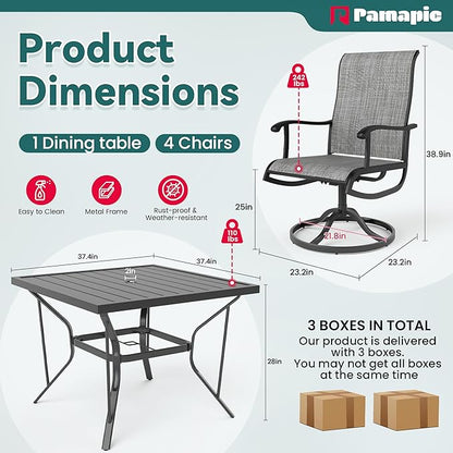 Pamapic 5 Pieces Patio Dining Set, Outdoor Dining Set All-Weather for Backyard Poolside Garden Deck, Modern Outdoor Table and Chairs Set with 4 Textilene Swivel Chairs,Gray