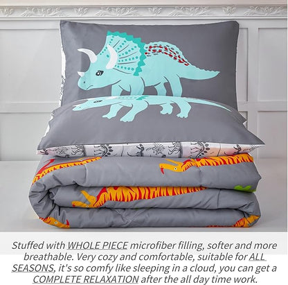 RYNGHIPY Dinosaur Kids Comforter Set Cartoon Dinosaur Bedding Sets for Boys 3 Pieces Queen Microfiber Comforter with Pillowcases Soft Lightweight (Dark Grey,Queen)