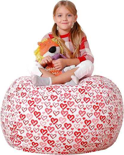 Aubliss Stuffed Animal Bean Bag Storage Chair, Beanbag Covers Only for Organizing Plush Toys, Turns into Bean Bag Seat for Kids When Filled, Medium 32"-Canvas Pattern Heart