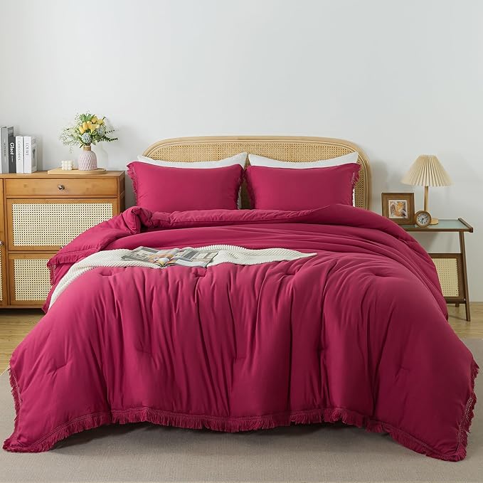 Andency Burgundy Red Tassel Comforter Set Full(79x90Inch), 3 Pieces(1 boho Comforter, 2 Pillowcases) Farmhouse Shabby Chic Comforter Set, Soft Microfiber Lightweight Fringe Bedding Comforter Set
