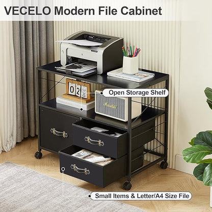 VECELO Fabric Lateral Filing Cabinet Rolling Printer Fits Letter Size, 3 Drawers Mobile Stand with Open Storage Shelf,for Home Office,Vintage Black