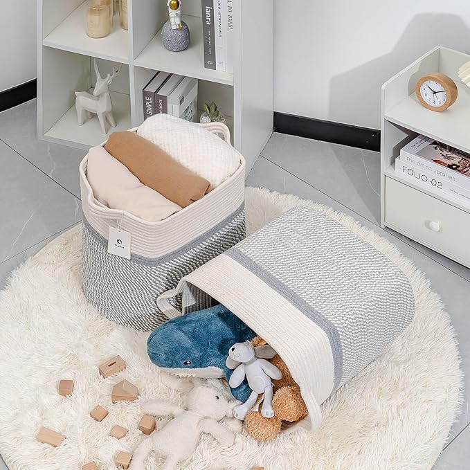 Medium and Large Woven Basket/With Handle, Baskets Laundry Hamper Wicker Tall Cotton Toy Storage Basket,Decorative Basket for Living room,Basket for Toys, 2bag