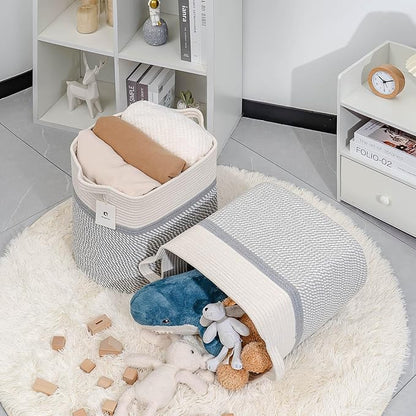 Medium and Large Woven Basket/With Handle, Baskets Laundry Hamper Wicker Tall Cotton Toy Storage Basket,Decorative Basket for Living room,Basket for Toys, 2bag