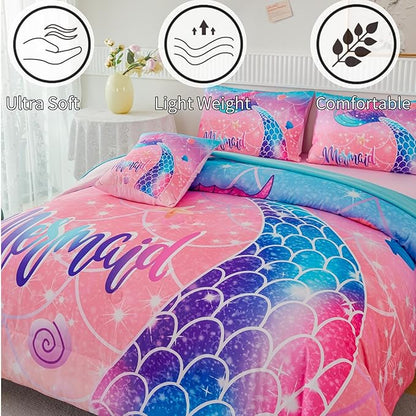 RYNGHIPY Mermaid Kids Girls Comforter Set Queen Size Pink Blue Gradient Fish Tail Bed in a Bag - includes Comforter & Sheet Set for Teens Girls Super Soft Kids Bedding