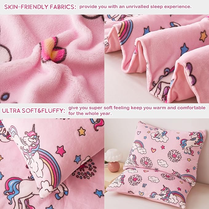 Mooreeke Glow in The Dark Twin Plush Fleece Comforter Bed Set, Soft & Warm 2 Piece Bed in A Bag with Sham, Velour Velvet Pink Unicorn Girls Kids Bedding Set, Fluffy Fuzzy Polar Cozy and Stylish