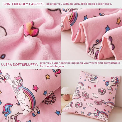 Mooreeke Glow in The Dark Twin Plush Fleece Comforter Bed Set, Soft & Warm 2 Piece Bed in A Bag with Sham, Velour Velvet Pink Unicorn Girls Kids Bedding Set, Fluffy Fuzzy Polar Cozy and Stylish