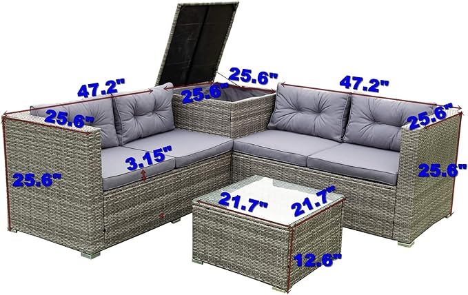 4-Piece Patio Furniture Outdoor Sofa Set, Wicker Sectional Loveseat Couch with Large Storage Box and Glass Table, for Garden Backyard Porch, 1, Gray