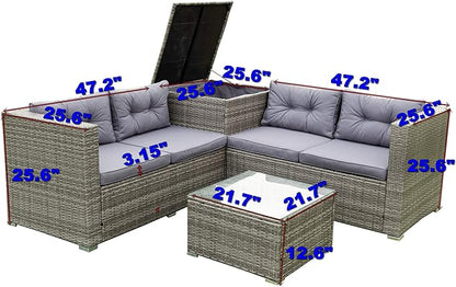 4-Piece Patio Furniture Outdoor Sofa Set, Wicker Sectional Loveseat Couch with Large Storage Box and Glass Table, for Garden Backyard Porch, 1, Gray