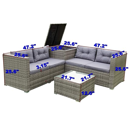 Patio Furniture Set, 4 Pieces PE Wicker Rattan Outdoor Conversation Sectional Sofa with Tempered Glass Table and Storage Box, for Backyard Lawn Garden Lown Porch, E-Grey