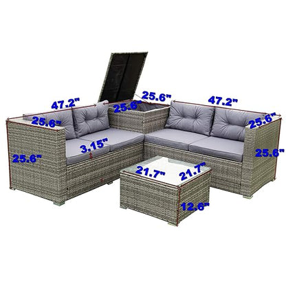 Patio Furniture Set, 4 Pieces PE Wicker Rattan Outdoor Conversation Sectional Sofa with Tempered Glass Table and Storage Box, for Backyard Lawn Garden Lown Porch, E-Grey