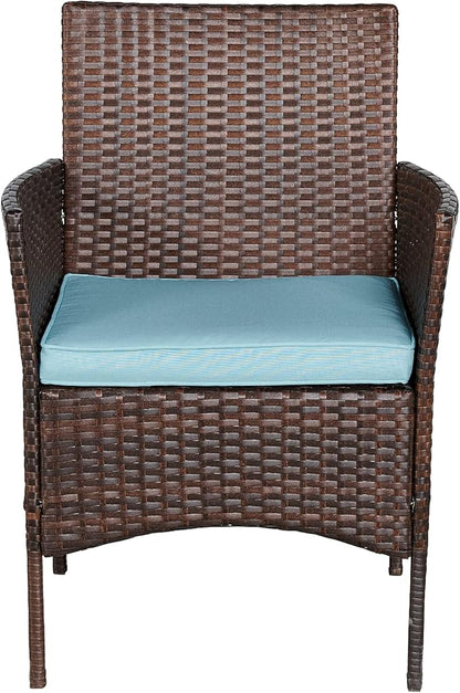 BTEXPERT Space Saving Outdoor Wicker Conversation 3 Piece Bistro Set Garden Patio Yard Porch Furniture Pe Rattan Two Chairs Cushions Side Storage Table Brown/Aqua Blue, OneSize
