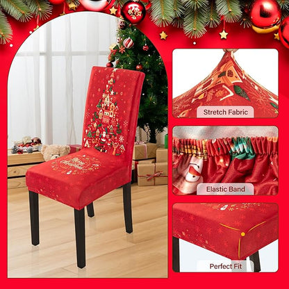 6PCS Christmas Dining Chair Covers, Stretch Removable Washable Dining Room Chair Protector Slipcovers, Xmas Tree Heart Kitchen Chair Cover, Slipcover Protector for Xmas Holiday Party Home Décor