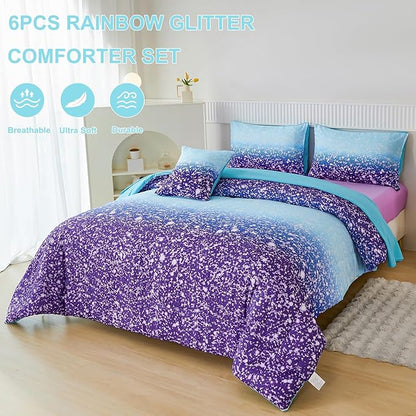 PERFEMET 6Pcs Full Size Comforter Sets for Girls Blue Purple Ombre Rainbow Kids Bedding Set Colorful Tie Dye Glitter Teen Girls Bedroom Decor Bed in A Bag