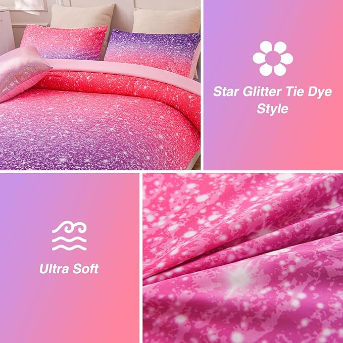 A Nice Night Girls Comforter Set Twin Size 6 Piece Bed in A Bag 3D Colorful Sparkle Galaxy Rainbow Bedding Comforter Sheet Sets for Kids,RedPurple