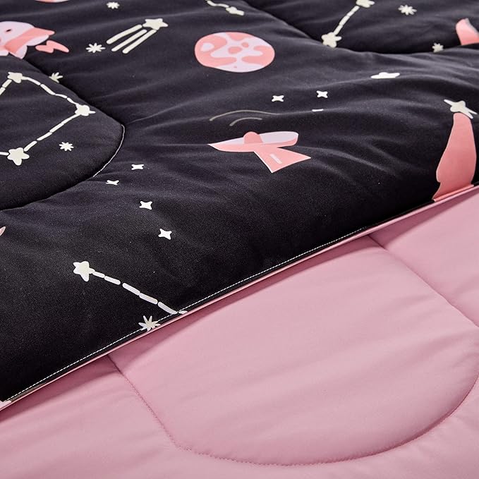 SLEEP ZONE Kids Bedding Comforter Set Full/Queen Size - Super Soft & Cute Printed 3-Piece Comforter Set All Seasons for Boys, Girls, Fade Resistant, Machine Washable, Pink Galaxy