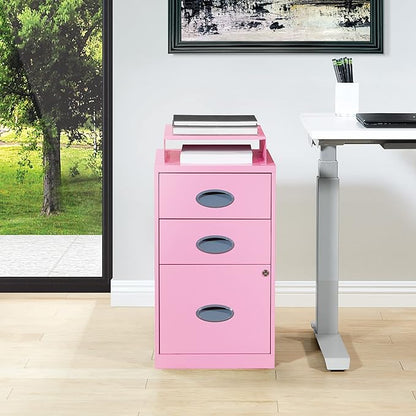 OSP Home Furnishings 3 Drawer Locking Metal File Cabinet with Top Shelf, Pink