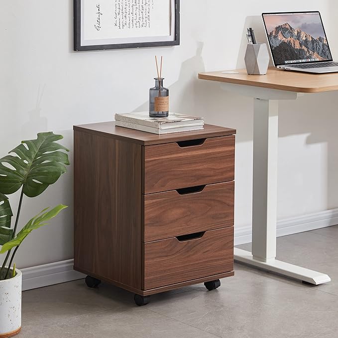 Farini 3-Drawer Vertical Filing Cabinet Rolling Wood Mobile File Cabinets Under Desk for Home Office with Casters (Brown Walnut, Fully Assembled)