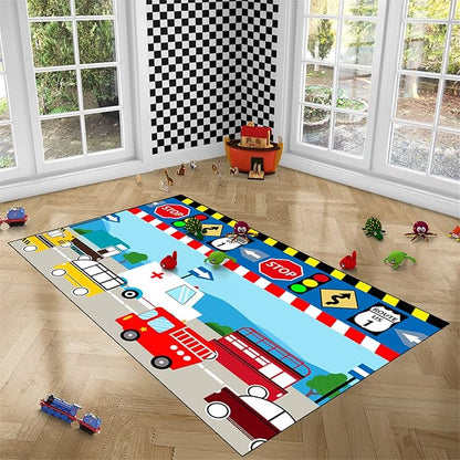 Cartoon Ambulance Car Area Rug Car Carpet for Kids Play Rug for Cars and Trucks Car Rug Play Mat Car Track Rug Truck Rugs for Boys Room Rugs for Boys Bedroom,Light Blue 2'5''×4'