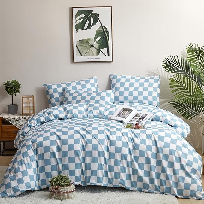 Blue White Grid Comforter Set Cal King Blue Plaid Bedding Set Women Blue and White Checkered Bed Comforter Set Breathable Blanket Set Men Durable Bedding Comforter Set