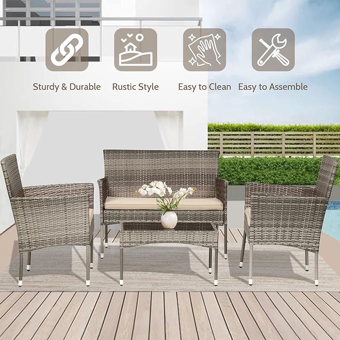 FDW Patio Conversation Set 4 Pieces Patio Furniture Set Wicker with Rattan Chair Loveseats Coffee Table for Outdoor Indoor Garden Backyard Porch Poolside Balcony,Gray Wicker/Khaki Cushions