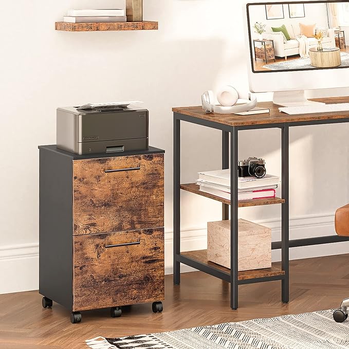 HOOBRO 2 Drawer Mobile File Cabinet, Rolling Printer Stand, Rolling Office Cabinet with 5 Wheels, Wooden Vertical Filing Cabinet fits A4/Letter Size for Home Office, Rustic Brown and Black BF03WJ01G1