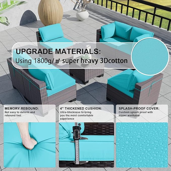 Kullavik 9PCS Outdoor Patio Furniture Set PE Wicker Rattan Sectional Sofa Patio Conversation Sets,Blue